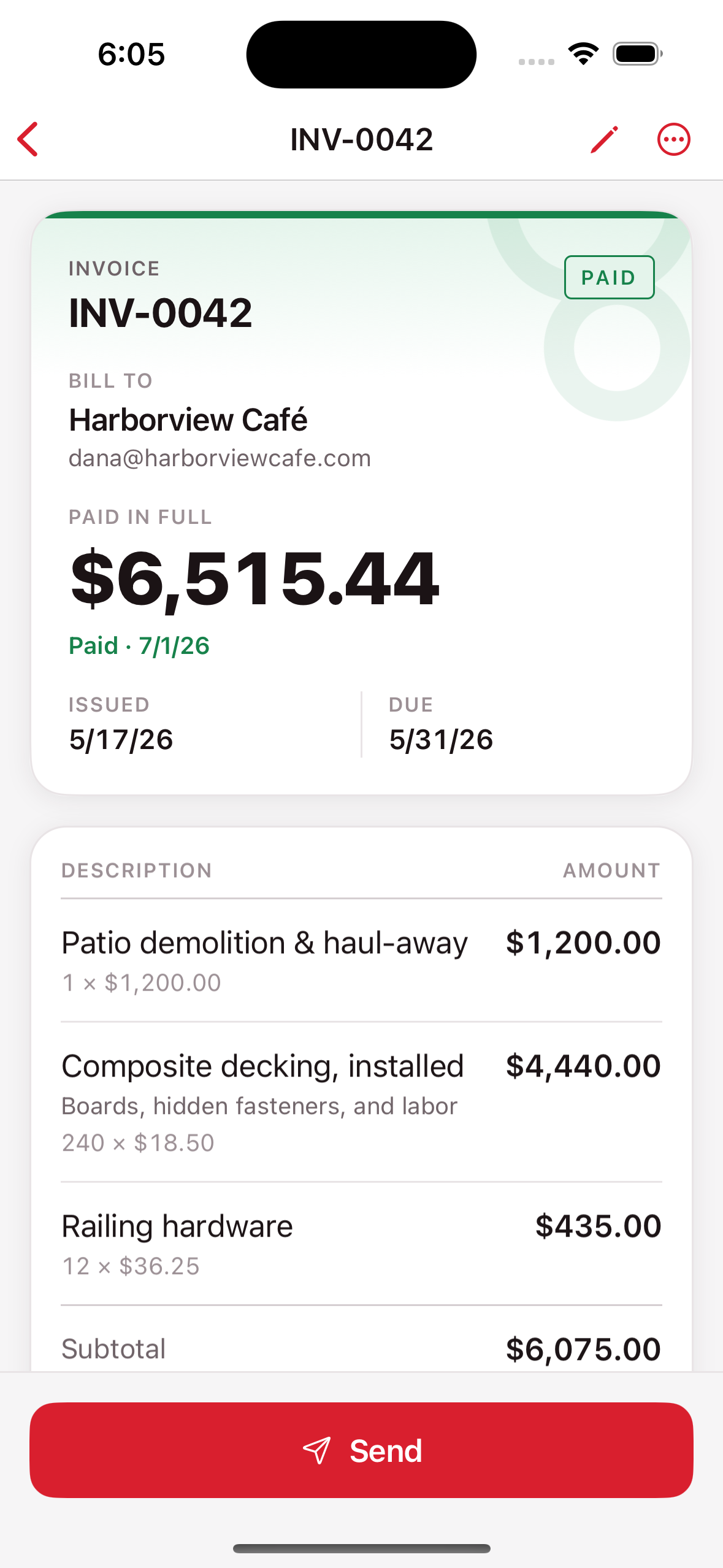 Document detail with status stamp and totals