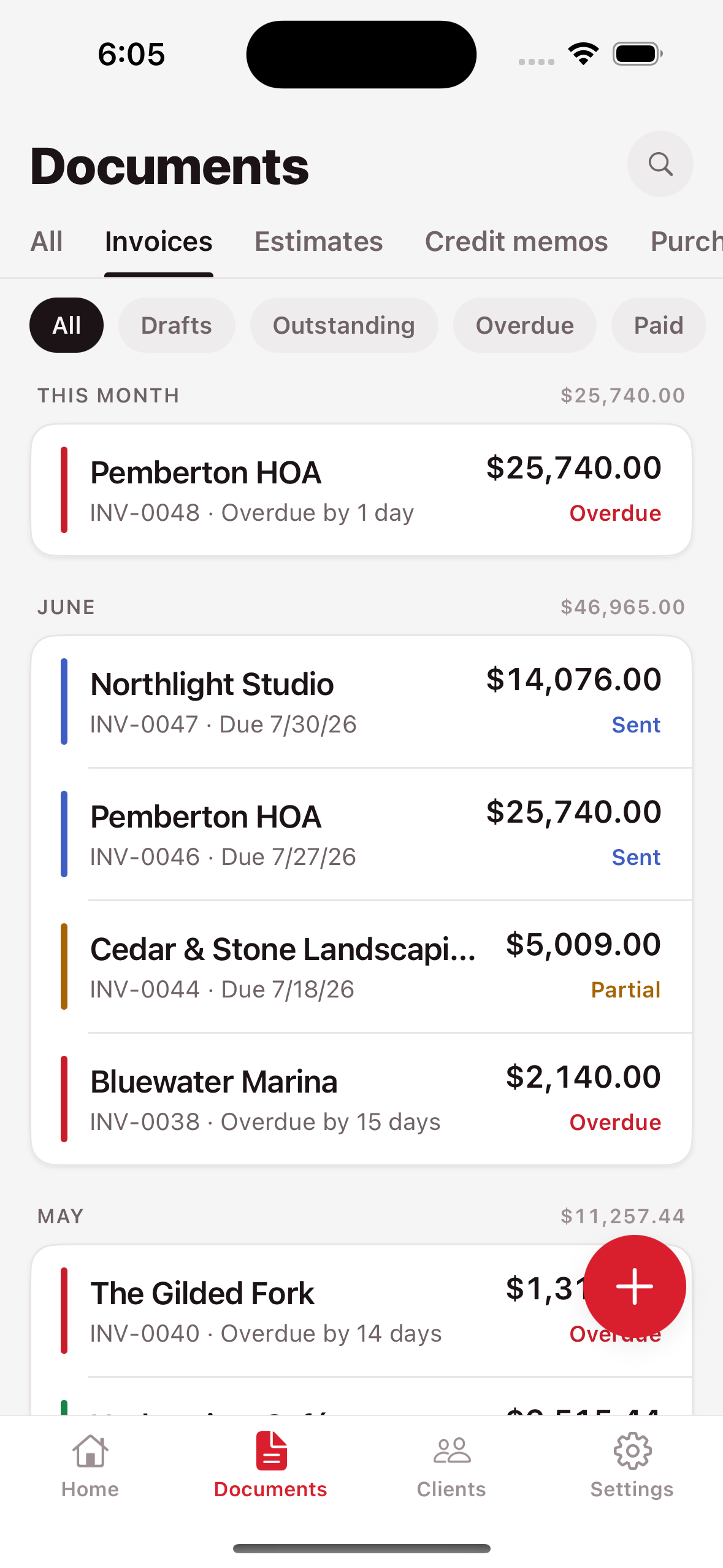 Documents list with status stripes and filters