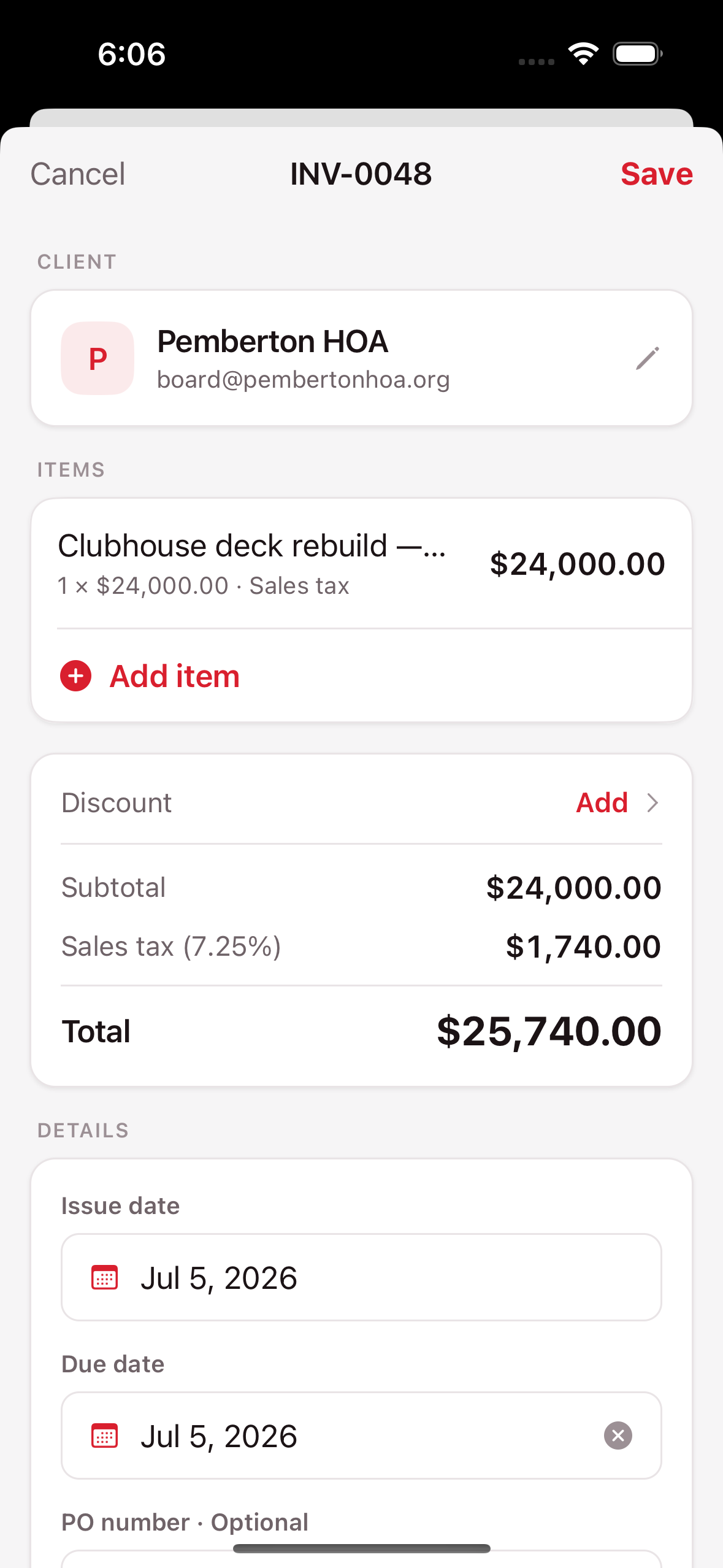 Document editor with line items and live totals