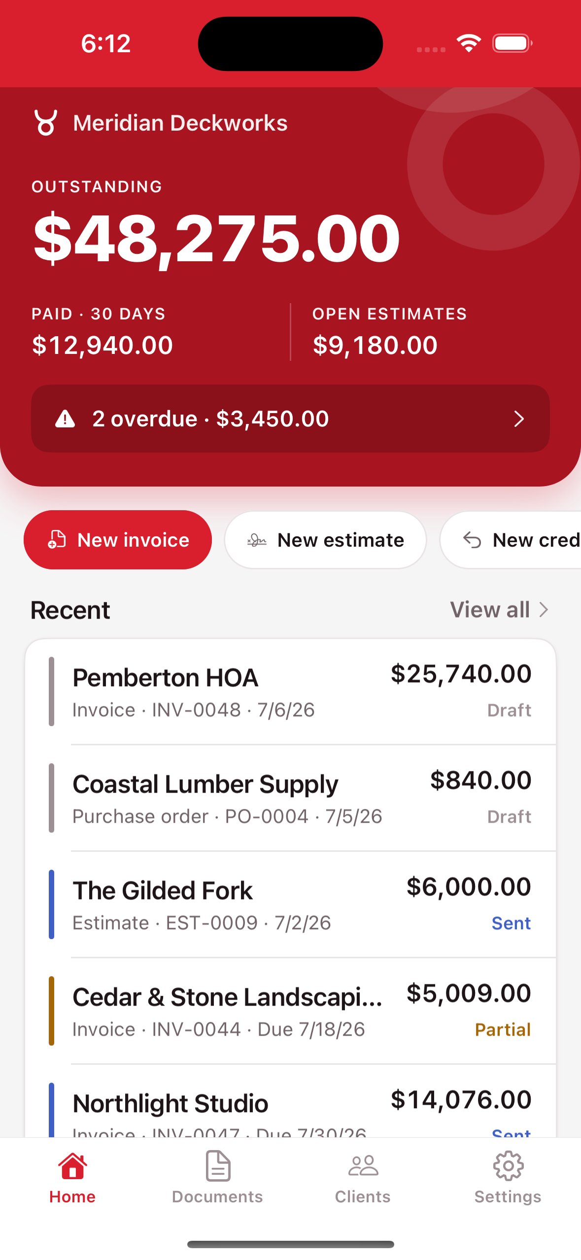 Invoice Toro home screen — the crimson cape hero showing outstanding balance